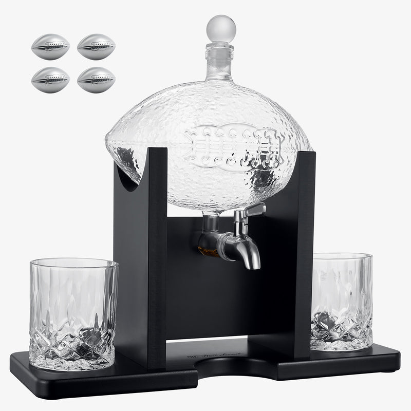Football Decanter with 2 Whiskey & Wine Glasses - For Office, Home or Party - Gift for Husband, Father&