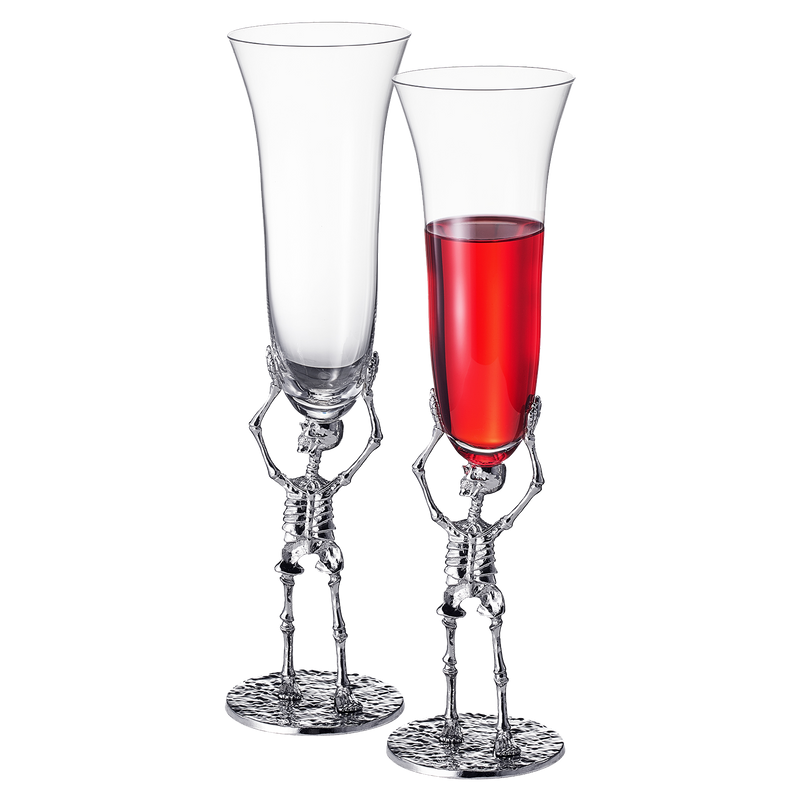 Stemmed Skeleton Champagne Flute Glass | Set of 2 | 7.5oz Halloween Skeleton Glasses 10" H, Goth Gifts, Skeleton Gifts, Skeleton Decor, Spooky Wine Gift Set, Perfect for Halloween Themed Parties