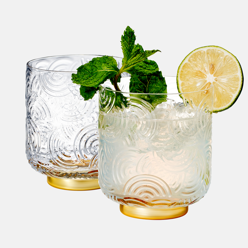 Gatsby Tumbler Drinking Glass | Set of 2 | Vintage Cocktail Crystal Drinking Glasses Art Deco Gold Plated Tumblers For Water, Juice, Whiskey, Curved Arch Vintage Patterned Design 13oz Glassware
