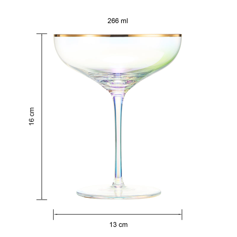 Iridescent Colored Gilded Rim Coupe Glass, 2-Set Large 9oz Rainbow Cocktail & Champagne, Luster Pearl Glasses Vibrant Color Gold Vintage Tumblers, No Stem Margarita, Glassware Gift - The Wine Savant