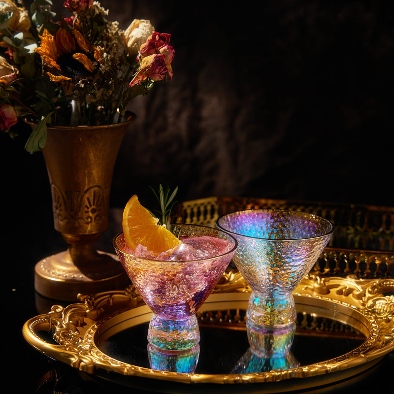 Iridescent Lustered Stemless Martini Glasses Set of 2 - Hammered Cocktail & Martini Glasses - Luxury Gift Box - Gold Rim 8oz Colorful Stemless Glassware - Weddings, Anniversary, Christmas, Barware