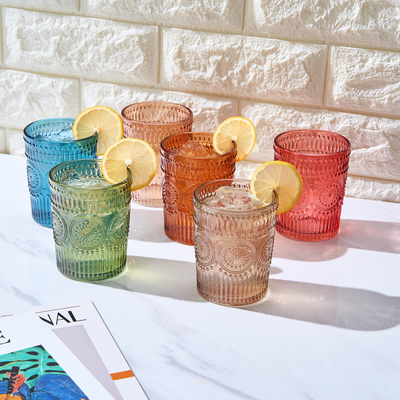 Colored Vintage Drinking Glasses Set | Set of 6 | Tumbler Hobnail 10 OZ Muted Bubble Design Whiskey Glassware, Old-Fashioned, Embossed Design Glass for Water, Wine, Cocktail HAND WASH ONLY