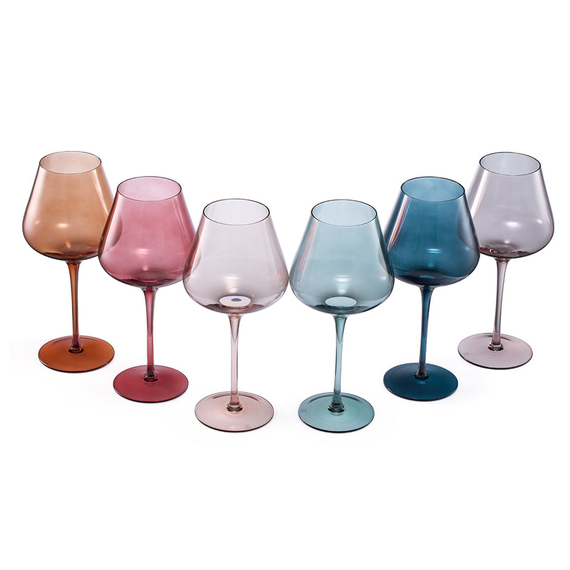 Colored Crystal Wine Glass Set of 6, Gift For Hosting, Her, Wife, Mom Friend - Large 20 oz Glasses, Unique Italian Style Tall Drinkware - Red & White, Dinner, Color Beautiful Glassware - (Pastel)