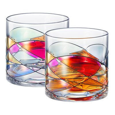 Artisanal Hand Painted Whiskey - Gift for Dad, Friends, Boyfriends, Renaissance Romantic Stain-glassed Windows Cocktail Glasses Set of 2 - Gift Idea for Birthday, Housewarming - 9.6 OZ Glassware