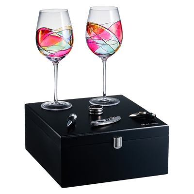 Painted STEMMED wine glass box set - opener, stopper, drip ring, wine pourer - 2 glasses