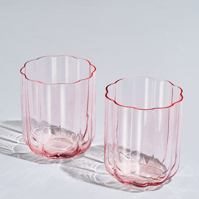 Flower Vintage Glass Stemless Highball - Set of 2-13 oz Colorful Cocktail, Wine, Water, Martini Glasses, Prosecco, Mimosa, Wave Glasses Set, Bar Glassware Luster Glasses 4" X 3" (Pink)