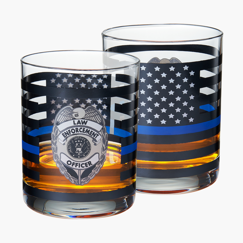 Police Whiskey Glasses | Set of 2 | 12 OZ Old Fashioned Liquor Glasses, American Flag Blue Line Fire Fighter Glass - Show Support For Police Lives Matter, Policemen Gifts for Him, Dad, Boyfriend