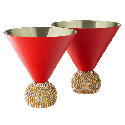The Wine Savant Diamond Studded Martini Glasses Set of 2 Matte Red & Gold Modern Cocktail Glass, Rhinestone Diamonds With Stemless Crystal Ball Base, Bar or Party 10.5oz, Swarovski Style Crystals