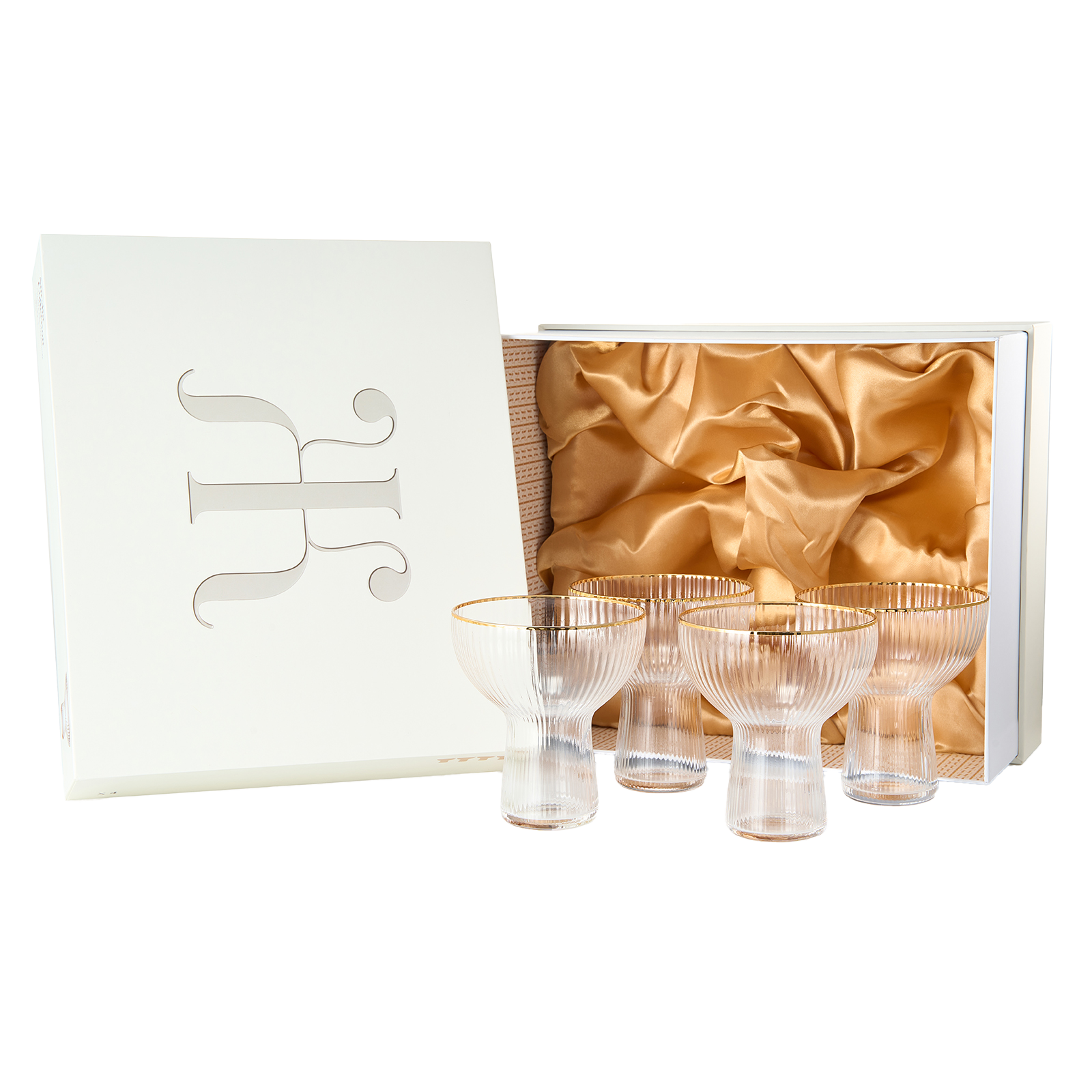 Ribbed Stemless Margarita Glasses with Gold Rim Set of 4 Hand Blow