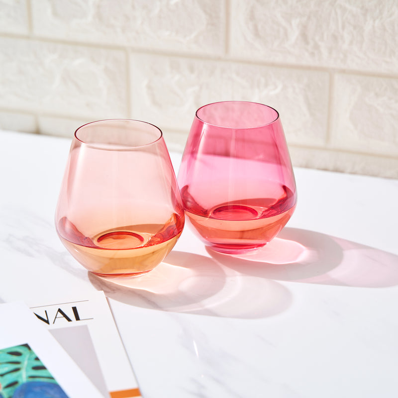 Coral & Fuchsia Colored Wine Glassware | Set of 2 | Large 16 oz Stemless Glasses, Coral Peach Pink Italian Style - Valentines Day Wine, Water, Margarita Glasses, Tumbler Beautiful Hand-Blown Glass