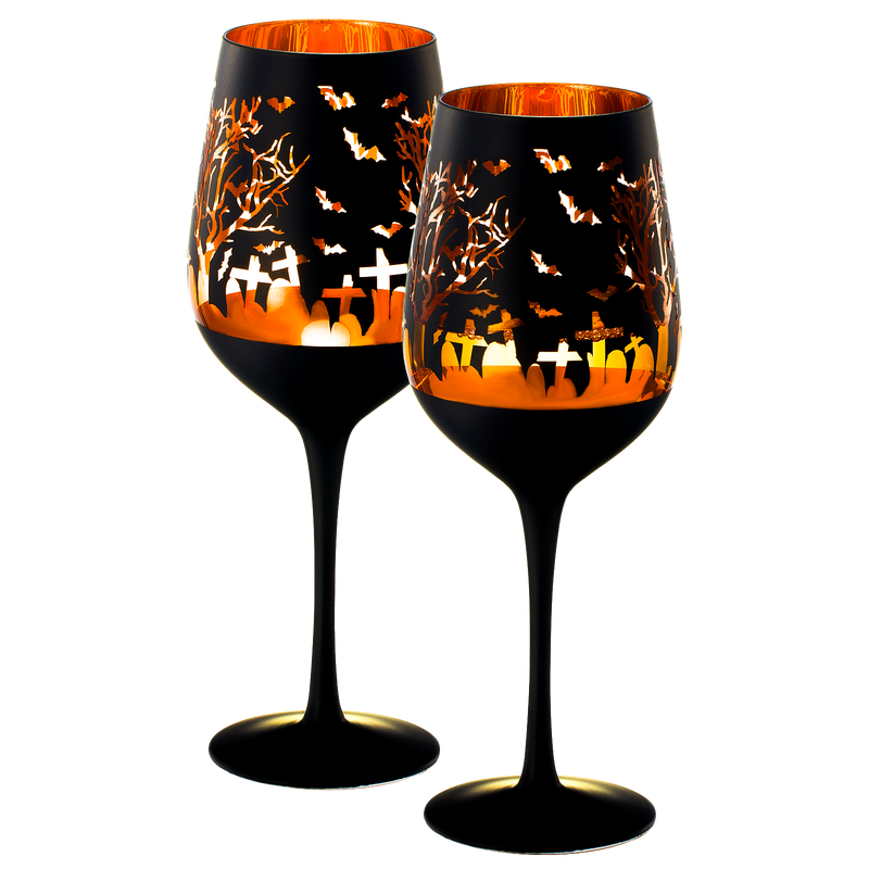 Crystal Halloween Stemmed Wine Glasses - Set of 2 - Themed Vibrant Black & Gold Etched Spooky Graveyard Pattern Frosted Glass, Perfect for Themed Gothic Parties Trick Or Treat Gift For Him Her (14 OZ)