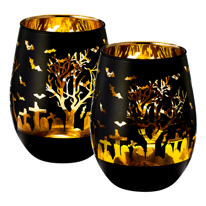 Crystal Halloween Stemless Wine Glass - Set of 2 - Themed Vibrant Black & Gold Etched Spooky Graveyard Pattern Frosted Glass, Perfect for Themed Gothic Parties Trick Or Treat Gift For Him Her (16 OZ)