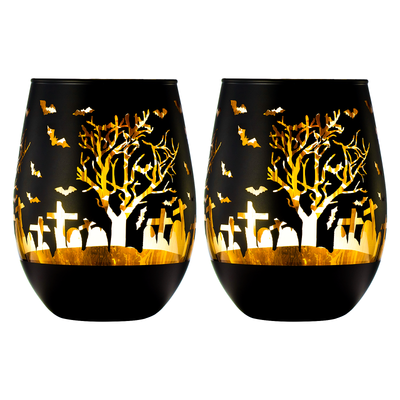 Crystal Halloween Stemless Wine Glass - Set of 2 - Themed Vibrant Black & Gold Etched Spooky Graveyard Pattern Frosted Glass, Perfect for Themed Gothic Parties Trick Or Treat Gift For Him Her (16 OZ)