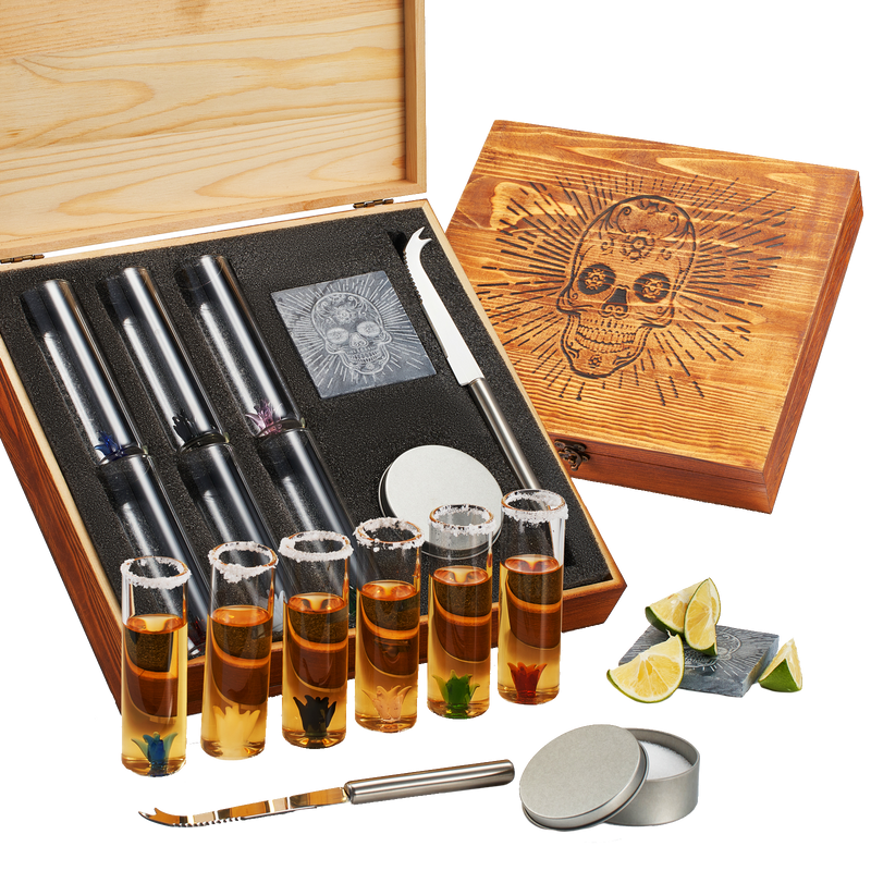 Tequila Shot Glass & Salt Gift Set for Men & Women | Six Agave Shot Glasses, Knife For Limes, One Skull Coaster, One Salt Tin | Skeleton Mahogany Wood Box Package For Tequila, Liquor Lovers