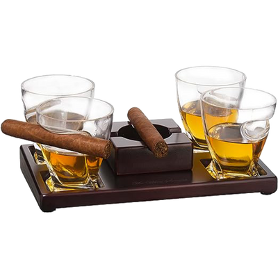 The Wine Savant Cigar Glasses Tray & Ash Tray, 4 Whiskey Cigar Glasses Slot to Hold Cigar, Whiskey Glass Gift Set, Cigar Rest, Accessory Set Gift for Dad, Men Home Office Decor Gifts, Man Cave