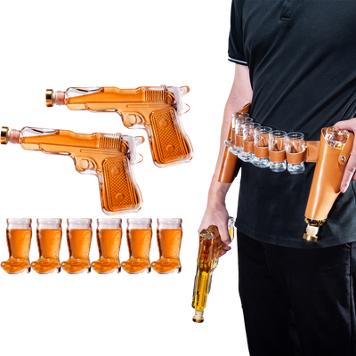 Pistol & Shotglasses Decanter Party Serving Holster Set - Whiskey Gun Decanter & Shot Glass - Pourers & Stopper - 2x 7.7oz Decanters - 6x 2oz Cowboy Boot Shots - Unique Gifts