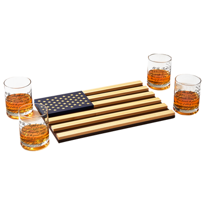 Whiskey Glasses – United States Constitution - Wood American Flag Tray & Set of 4 We The People 10oz America Glassware, Old Fashioned Rocks Glass, Freedom Of Speech Law Gift Set US Patriotic