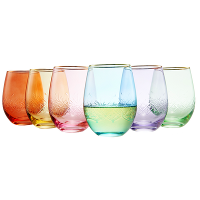 Vintage Crystal Colored Wine Gold Rim Glasses | Set of 6 | Gilded Art Deco 15 oz Vibrant Classic Cocktail Glassware - Crystal Carved Glass for Red & White Wines, Cocktails, Martini, Sidecar, Champagne