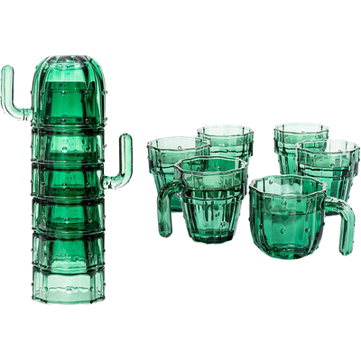 Cactus Stackable Glasses, Stacktus Gifts, Set of 6-10 oz Cactus Shape Glasses With Handles Green Glass Blown Figurines Plant Decorations for Parties 3.5" H 5" W - Copyright Design, Patent Pending
