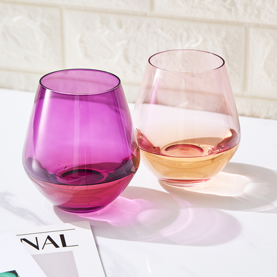 Amethyst & Rose Colored Wine Glasses For Everyday, Girlfriend, Wife, Valentines Day | Set of 2 | Large 16 oz Stemless Glasses, Purple, Red Pink Italian Style, Water, Tumbler Beautiful Hand-Blown Glass