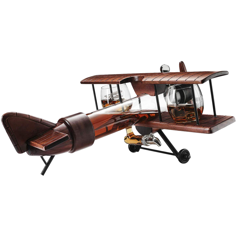 Whiskey & Wine Decanter Airplane Set and Glasses Antique Wood Airplane - The Wine Savant Whiskey Gift Set and 2 Airplane Glasses, Pilot Gift Moving Parts- Alcohol Related Gift, BAR DECOR Large 21"