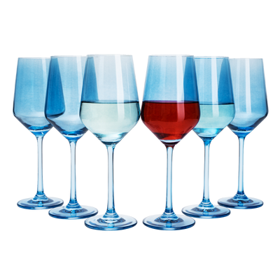 Colored Wine Glass Set, 12oz Glasses Set of 6 Baby Shower Gender Reveal Boy or Girl Decor Baby Announcement Unique Italian Style Tall Stemmed for White & Red Wine Elegant Glassware (Cobalt Blue)