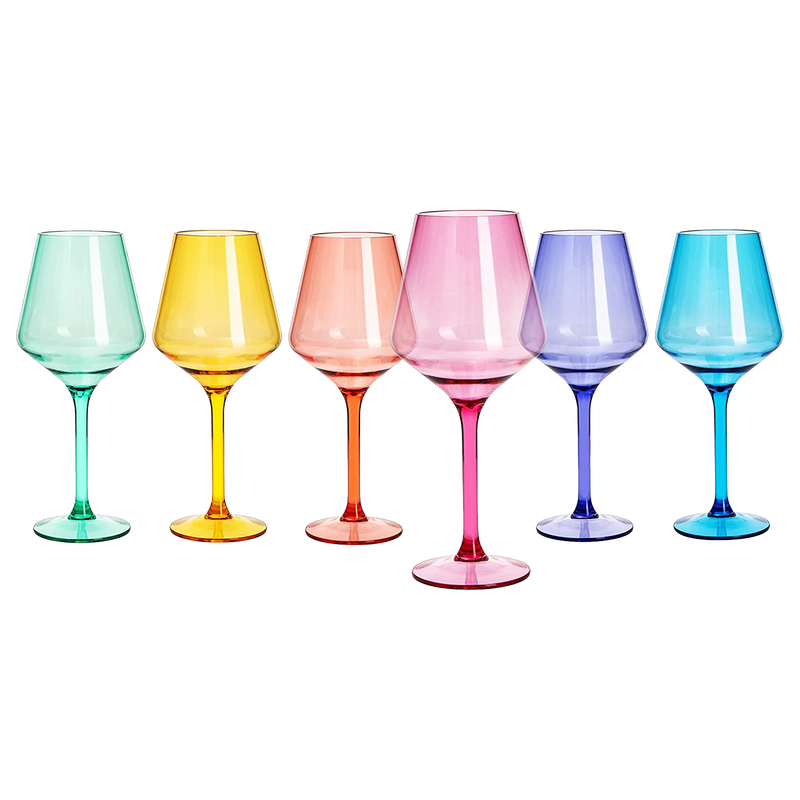 European Style Crystal, Stemmed Wine Glasses, Acrylic Glasses Tritan Drinkware, Unbreakable Colored, 6 - Set - Shatterproof BPA-free plastic, Reusable, All Purpose Glassware, Hand Wash Only 15oz