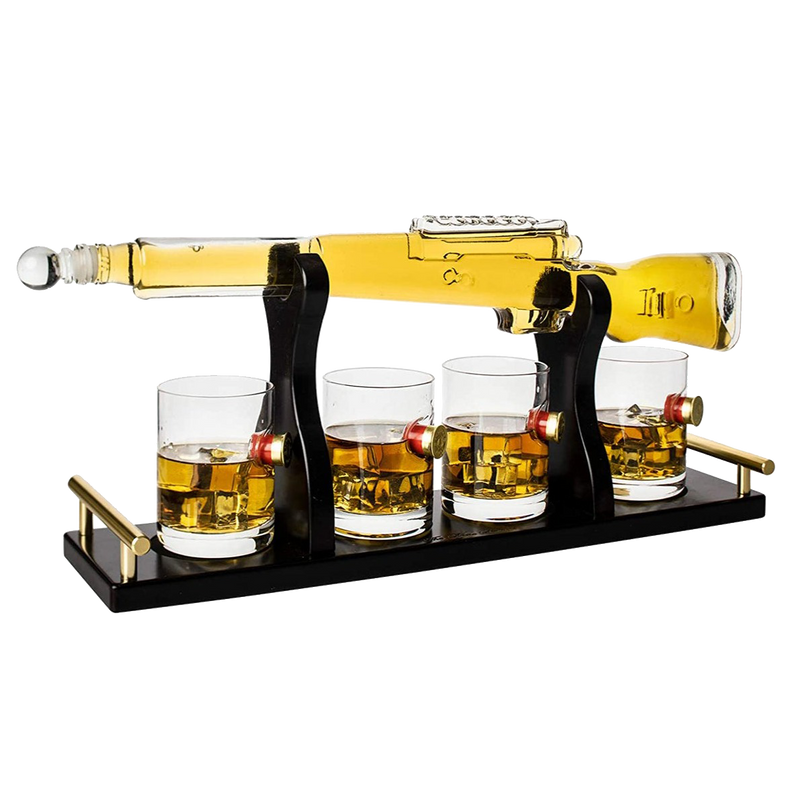 Shotgun Gun Large Whiskey & Wine Decanter Set Bullet Glasses - Limited Edition Elegant Rifle Gun Whiskey Decanter 22.5" With 4 Shotgun Bullet Whiskey Glasses and Mohogany Wooden Base The Wine Savant