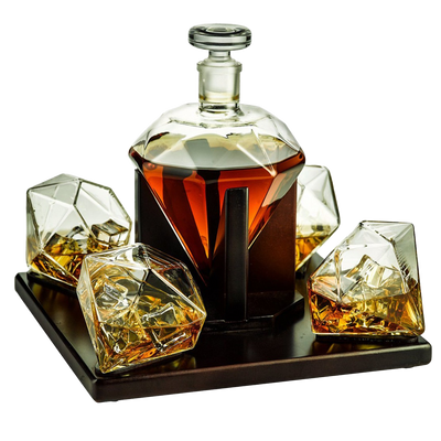The Wine Savant Diamond Whiskey and Wine Decanter, Great Gift! 750ml With 4 Diamond Glasses and Beautiful Mahogany Wooden Holder Liquor, Scotch, Rum, Bourbon, Vodka, Tequila Decanter