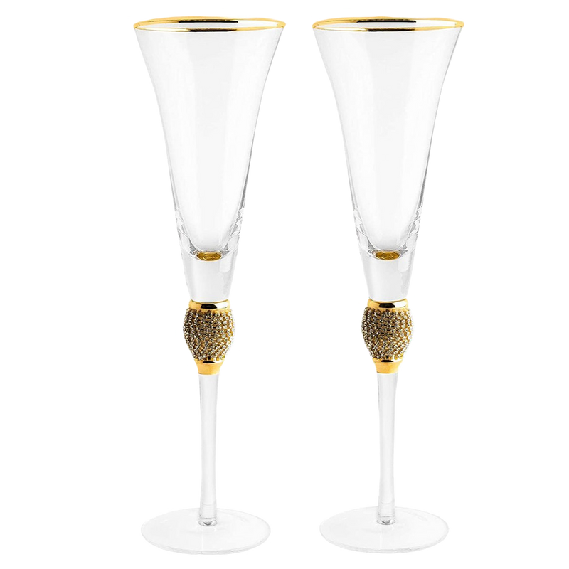 The Wine Savant Diamond Champagne Flutes Set of 2 Glasses, Dimond Rhinestone Studded Long Stem, 7oz, Premium Designed Champagne Glasses for Spirits and Wine, Gift Boxed