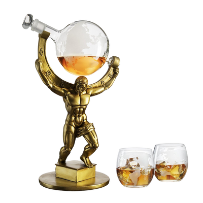 Atlas Bronze World Globe Whiskey Decanter Set - 15" Tall - With 2 World Glasses - For Whiskey, Scotch, Bourbon, Cognac and Brandy - 1000ml - By The Wine Savant - Atlas Decanter Whiskey