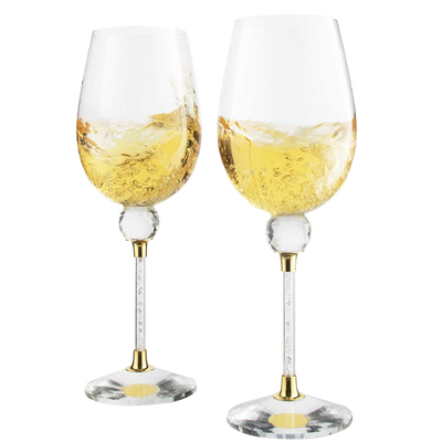 The Wine Savant Rhinestone DIAMOND Studded Wine Glasses 16 Ounces Set of 2 10-inches Tall, Gold and Laser Cut Sparkling Wine Wedding Glasses, Elegant Crystal - For Everyday, Weddings, Parties