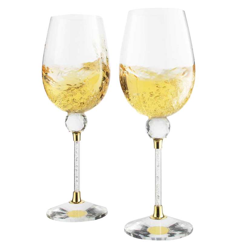 The Wine Savant Rhinestone DIAMOND Studded Wine Glasses 16 Ounces Set of 2 10-inches Tall, Gold and Laser Cut Sparkling Wine Wedding Glasses, Elegant Crystal - For Everyday, Weddings, Parties