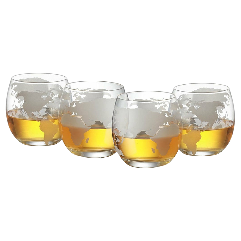 Etched World Globe Glasses 10 oz -Set of 4 by The Wine Savant, Wine, Whiskey, Scotch, Vodka Water or Juice Old Fashion Glasses, World Glasses Etched Globe