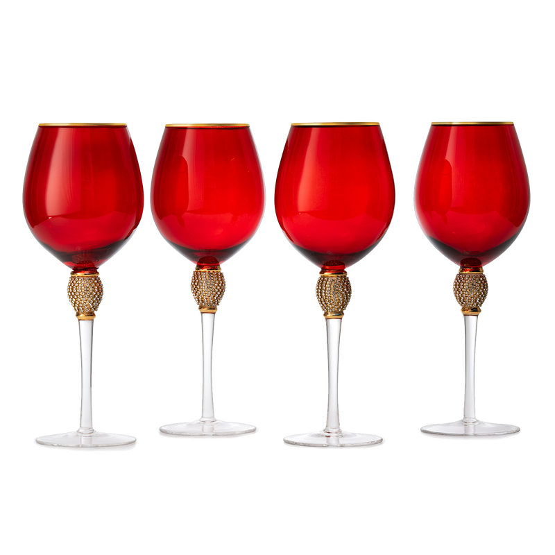 The Wine Savant Large Diamond Wine Glasses, 10" H Gold Rim Rhinestone Diamond Glasses - Wedding Glasses - 18 Ounce, Premium Designed Wine Glasses for Spirits and Wine, Gift Boxed (4, Red)
