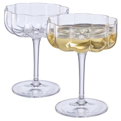 Flower Vintage Wavy Petals Wave Glass Coupes 7oz Colorful Cocktail, - Set of 2 - Rippled & Champagne Glasses, Prosecco, Martini, Mimosa, Cocktail Set, Bar Glassware Copyright & Patent Pending (Clear)