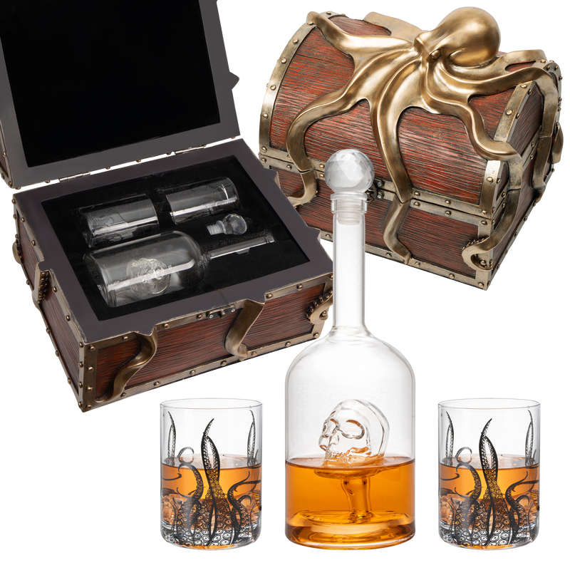 Octopus Kraken Chest Wine & Whiskey Decanter Set with 2 Glasses by The Wine Savant - Extraordinary Detail - Whiskey Gift Sets, Wine Gift Sets, Nautical Gifts, Kraken Sea, Sea Lover Gifts