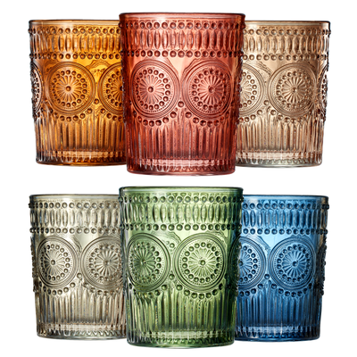Colored Vintage Drinking Glasses Set | Set of 6 | Tumbler Hobnail 10 OZ Muted Bubble Design Whiskey Glassware, Old-Fashioned, Embossed Design Glass for Water, Wine, Cocktail HAND WASH ONLY