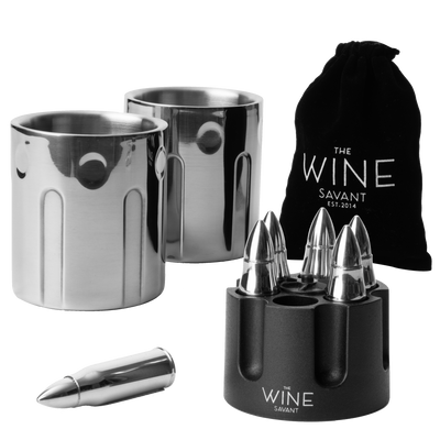 2 Metal Ice Cups & Bullet Chillers by The Wine Savant - Whiskey Stones Bullets Stainless Steel with Revolver Case, 1.75in Bullet Chillers Set of 6, Whiskey Gift Sets, Military Gifts, Veteran Gifts