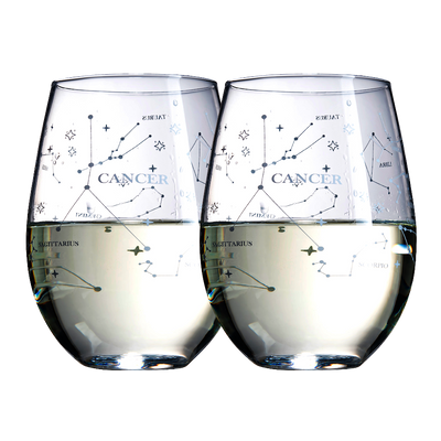 Set of 2 Zodiac Sign Wine Glasses with 2 Wooden Coasters by The Wine Savant - Astrology Drinking Glass Set with Etched Constellation Tumblers for Juice, Water Home Bar Horoscope Gifts 18oz (Cancer)