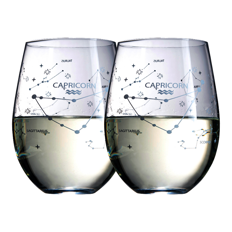 Set of 2 Zodiac Sign Wine Glasses with 2 Wooden Coasters by The Wine Savant - Astrology Drinking Glass Set with Etched Constellation Tumblers for Juice, Water Home Bar Horoscope Gifts 18oz (Capricorn)