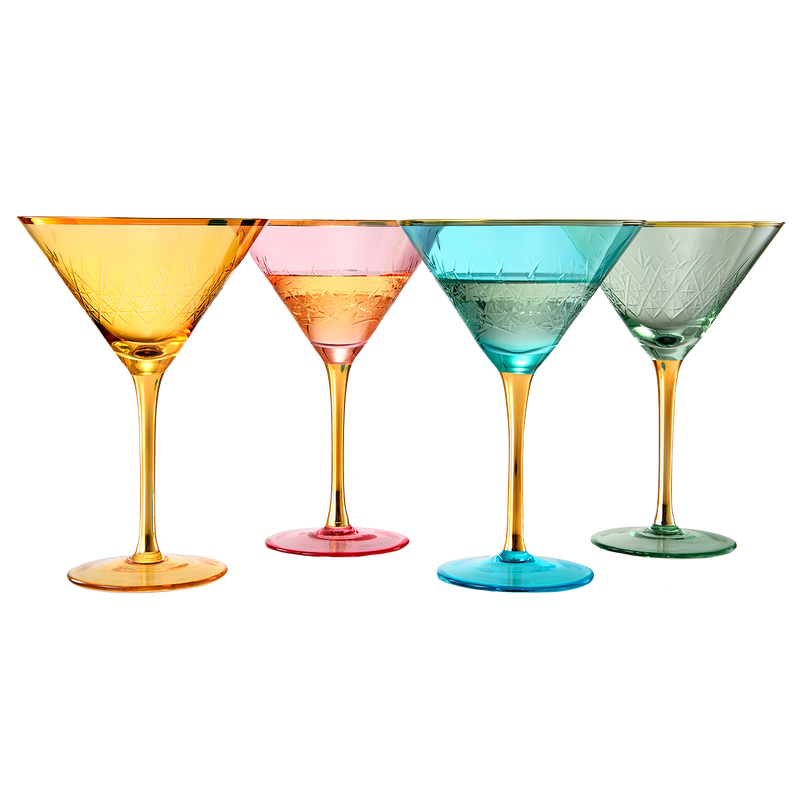 Crystal Martini Glasses Colored - Set of 4 - Stemmed Multi-Color Glass, Great for all Drink Types and Occasions - Luxury, Durable, Hand-Blown Vintage Art Deco Coupe for Champagne, Martini, Cocktails