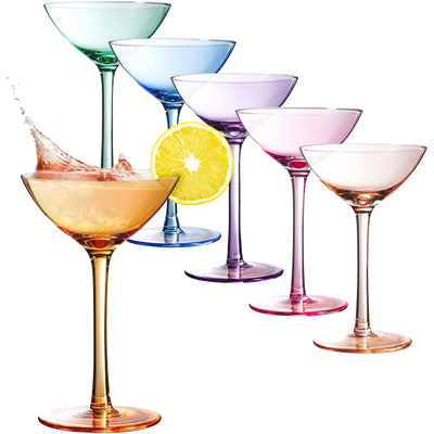Colored Coupe Glasses Set of 6 | 12 oz Classic Cocktail Glassware for Champagne, Martini, Manhattan, Cosmopolitan, Sidecar, Crystal Speakeasy Style Goblets Stems, Elegantly Vintage Color