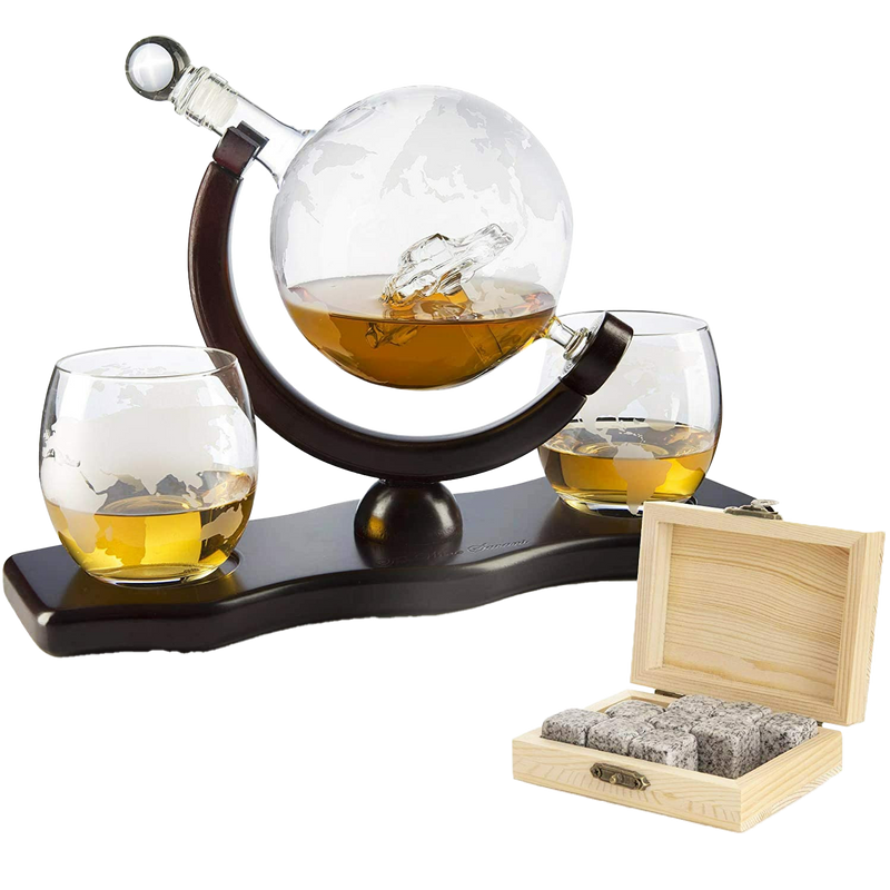 The Wine Savant Globe Car Whiskey Decanter - With 2 Globe Glasses, Includes Whiskey Stones For Whiskey, Scotch, Bourbon or Wine Matching Globe Glasses, HOME BAR DECOR Clear