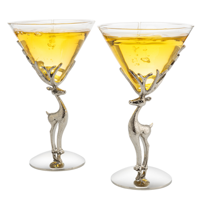 Stag Antler Cocktail Martini Glasses, Set of 2 - by The Wine Savant, 8oz Elegant Glasses Set for any Home Bar - Luxury Glass Deer Figurine, Stag Lover Gifts, Nature Lover Gifts (Martini / Champagne)