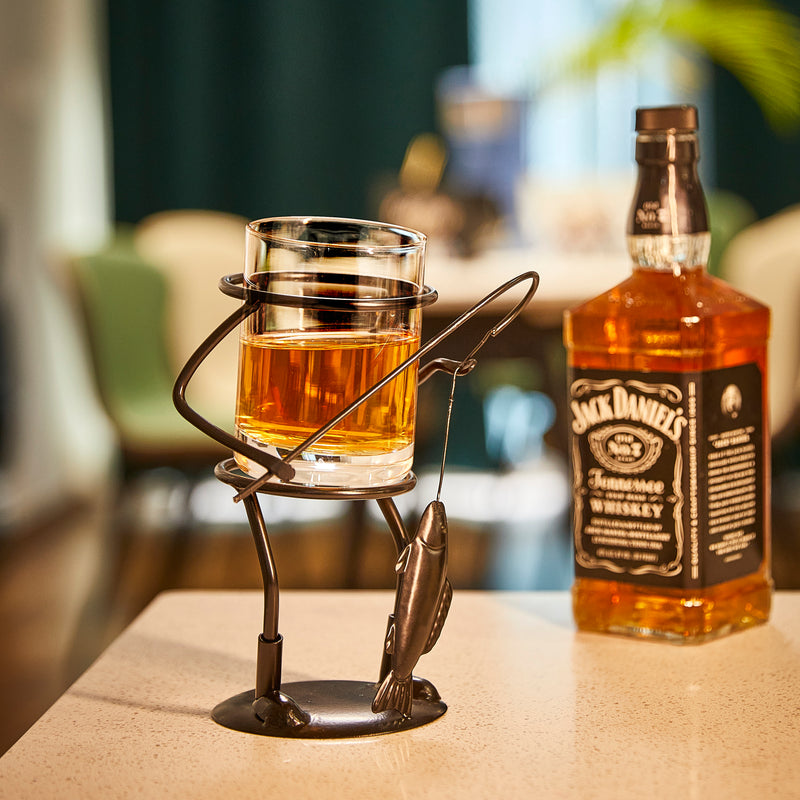 Fisherman Fishing Whiskey, Wine & Water Glass - Glass & Metal Cup Holder- Hook & Line Whiskey, Scotch, Liquor Cup Holder, Holds Cup, Great Gift for Fishing Enthusiasts, Boaters, Fathers, Sons