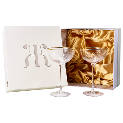 Vintage Art Deco Luxury Coupe Glasses, Cocktails, Martini, Margarita, In Premium Gift Box 24K Gold Rim | Set of 2 | 8 oz Classic Cocktail Glassware - Champagne, Manhattan, Cosmopolitan Crystal Goble