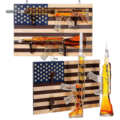 2 Gun Whiskey Decanters Set AR15 and AK47 Gun Decanter 1000ml American Flag Wall Rack by The Wine Savant - Veteran Gifts, Gun Lover Gifts, Tik Tok Gun Decanter, Military Gifts