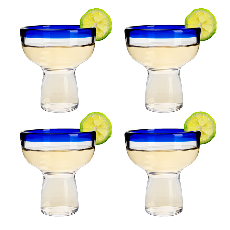 Mexican Hand Blown Blue Rim Margarita Glasses Set of 4 Stemless Gl