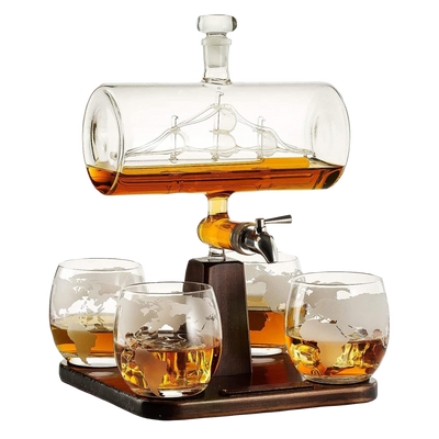 Whiskey & Wine Decanter Gifts for Men & Dad, Ship Decanter 1000ml, Set with 4 Globe Drinking Glasses - Cool Liquor Dispenser for Home Bar Unique Birthday Gift Ideas from Wife, Daughter, Son Present